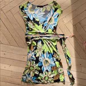 Sandro Ferrone Floral Wrap Dress in Green and Blue